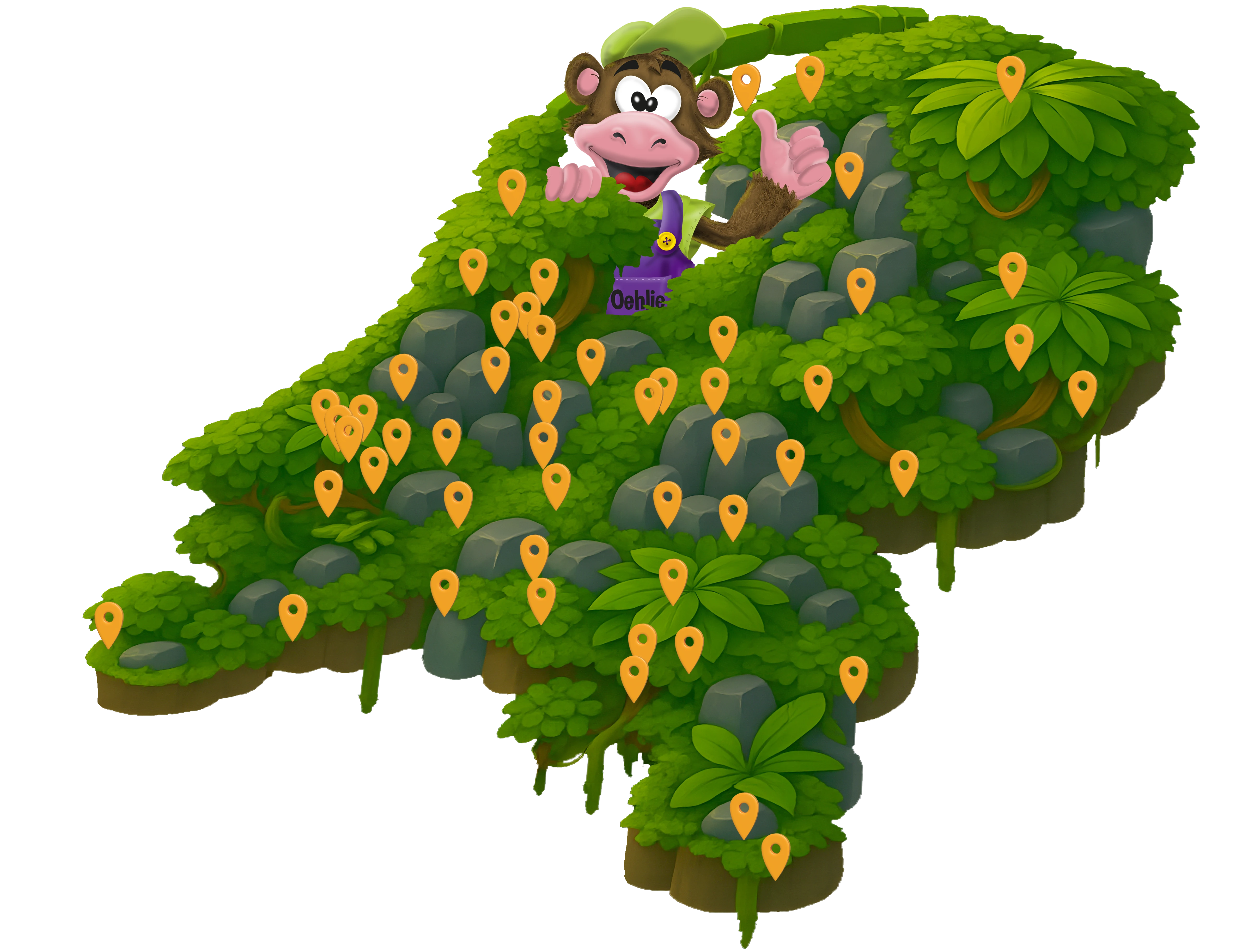 Illustratie van Nederland met vestigingslocaties van Monkey Town, met mascotte Oehlie bij een waterval