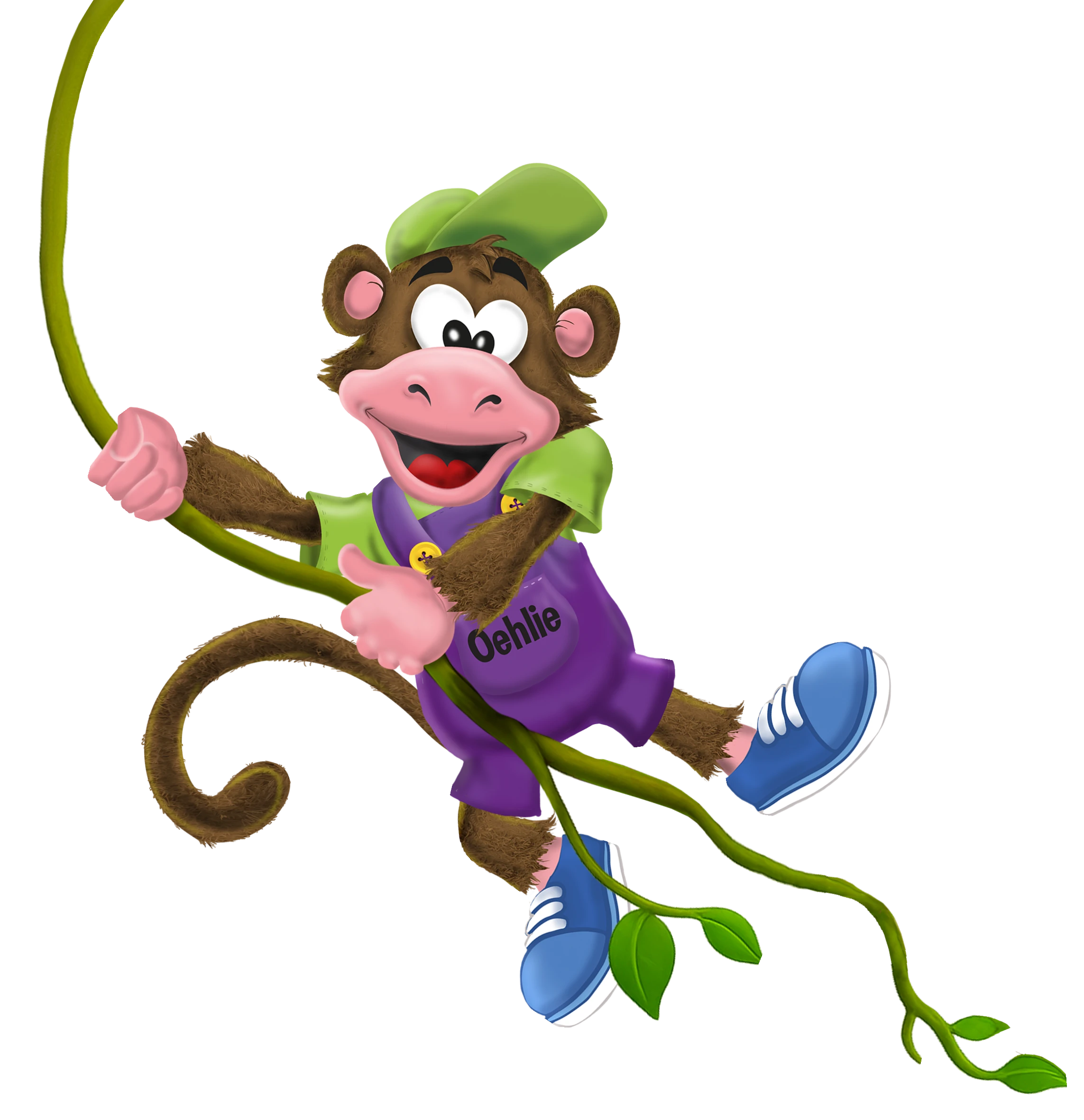 Oehlie, de mascotte van Monkey Town, swingt aan een liaan